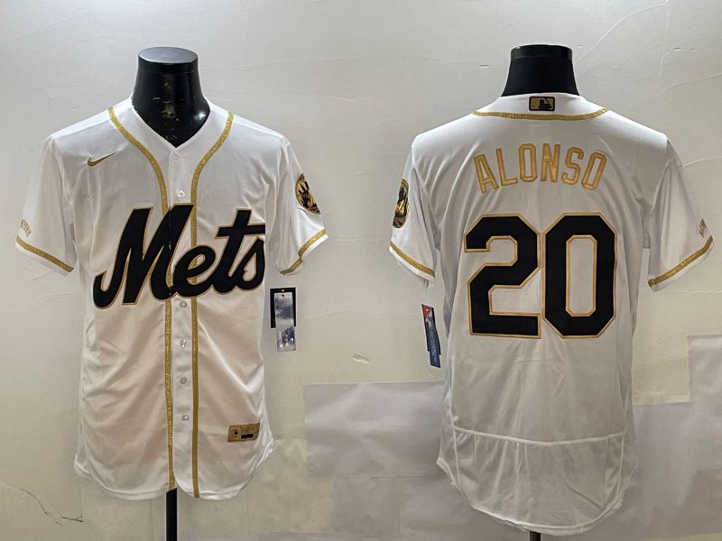 Men New York Mets #20 Alonso White Gold Elite 2025 Nike MLB Jersey style 1